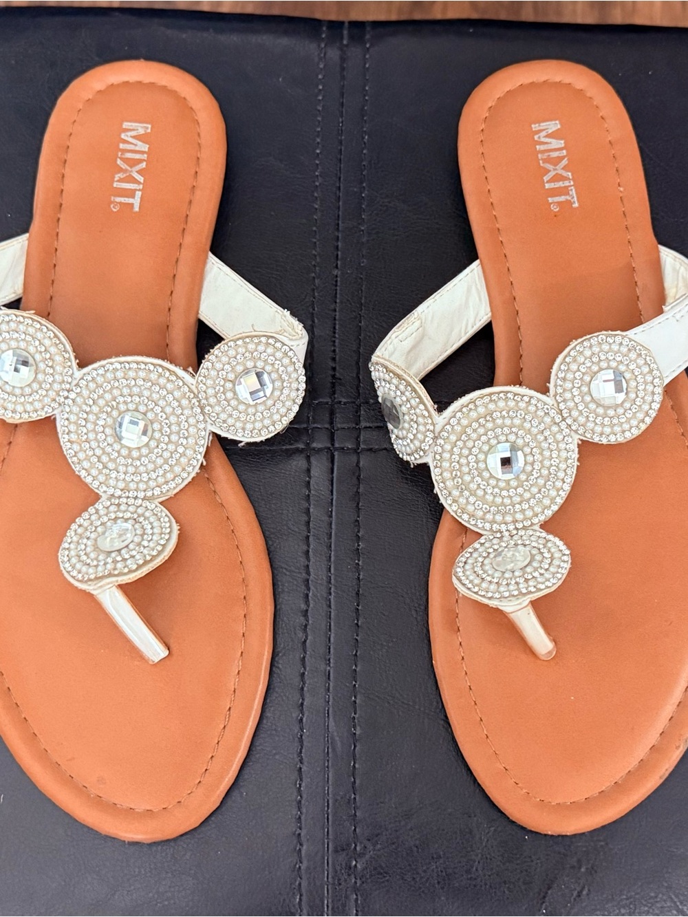 Mixit Silver Beaded Thong Sandals with Tan Footbed